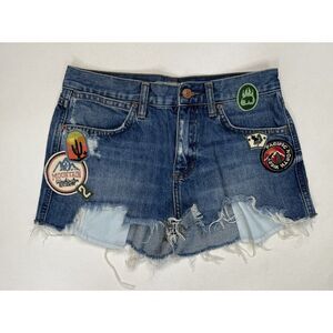 Topshop Moto Rosa Denim Jean Shorts Women Size 2 Blue Patches Cutoff
